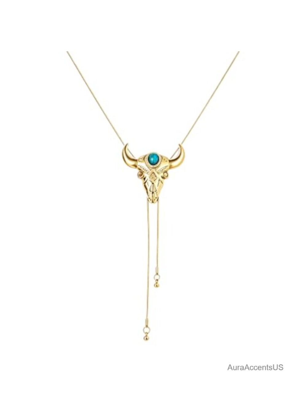 Western Bolo Tie Necklace Bull Skull Cowboy Hat Pendant Faux Turquoise